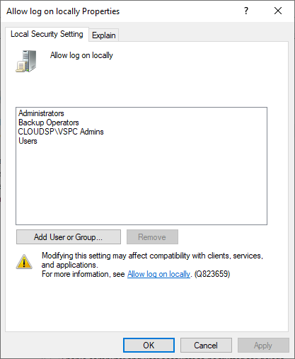 Allow log on locally to VSPC Admins